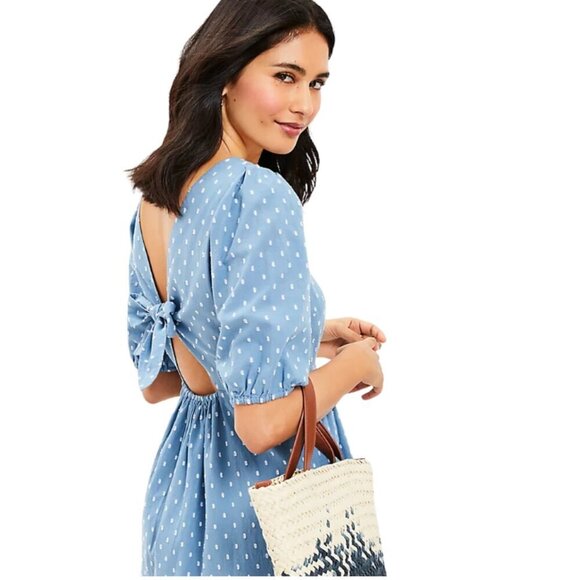 NWT LOFT Clip Tie Back Flounce Swing Pleated Mini Dress Size 14 Poolside Blue - Picture 2 of 6